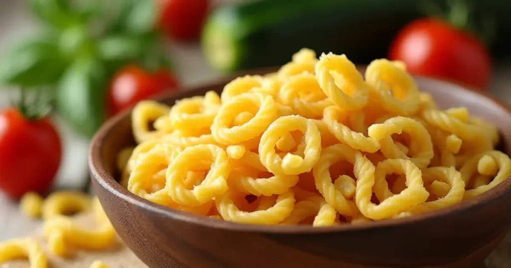 Uncooked ditalini pasta in a wooden bowl surrounded by fresh vegetables on a rustic table."