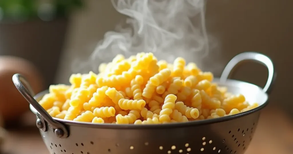 Freshly cooked ditalini pasta in a colander with steam rising against a rustic kitchen backdrop."