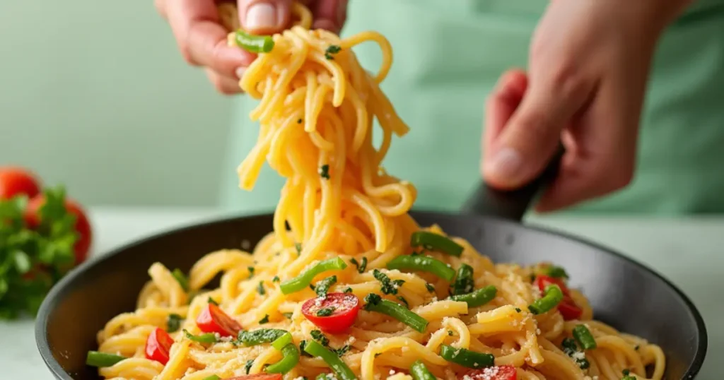 A small portion of thin, diet-friendly pasta served with fresh vegetables and light sauce