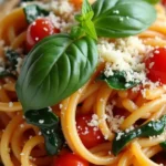 A serving of skinny pasta in a white plate, topped with sauce and fresh vegetable