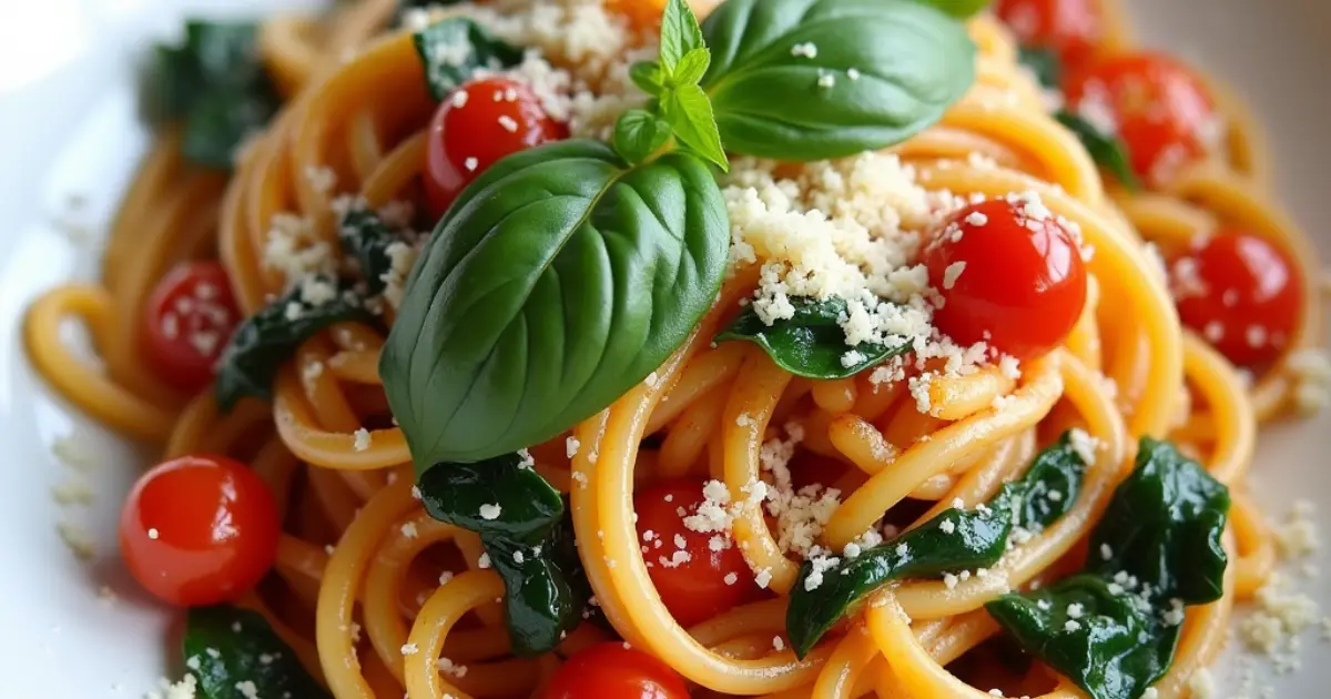 A serving of skinny pasta in a white plate, topped with sauce and fresh vegetable