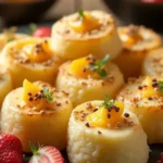 A close-up shot of Asian desserts featuring glutinous rice cakes topped with golden sesame seeds and vibrant mango slices, beautifully presented on a bamboo serving tray.