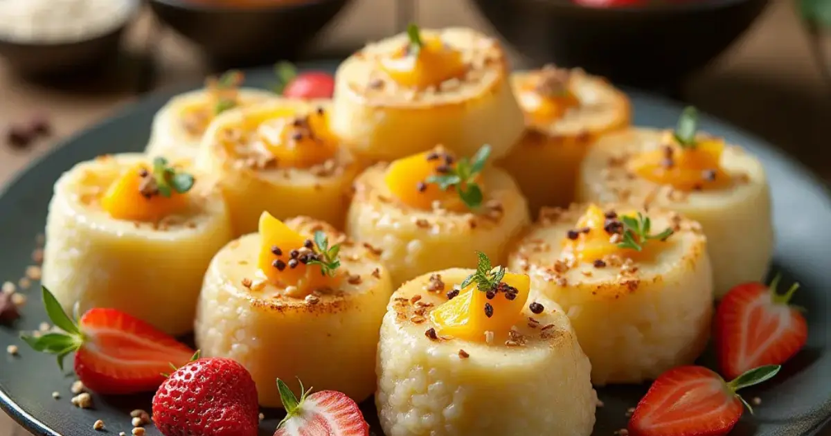 A close-up shot of Asian desserts featuring glutinous rice cakes topped with golden sesame seeds and vibrant mango slices, beautifully presented on a bamboo serving tray.