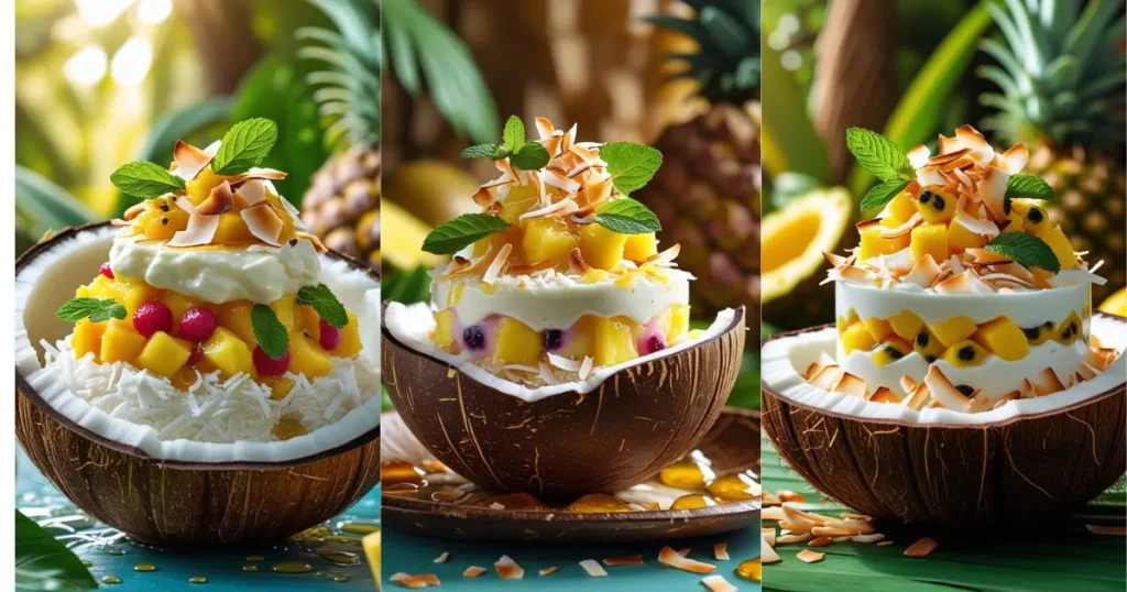 Three coconut shells filled with tropical fruits like mango, passion fruit, and dragon fruit, topped with creamy yogurt, toasted coconut flakes, and fresh mint leaves, set in a lush, tropical setting.