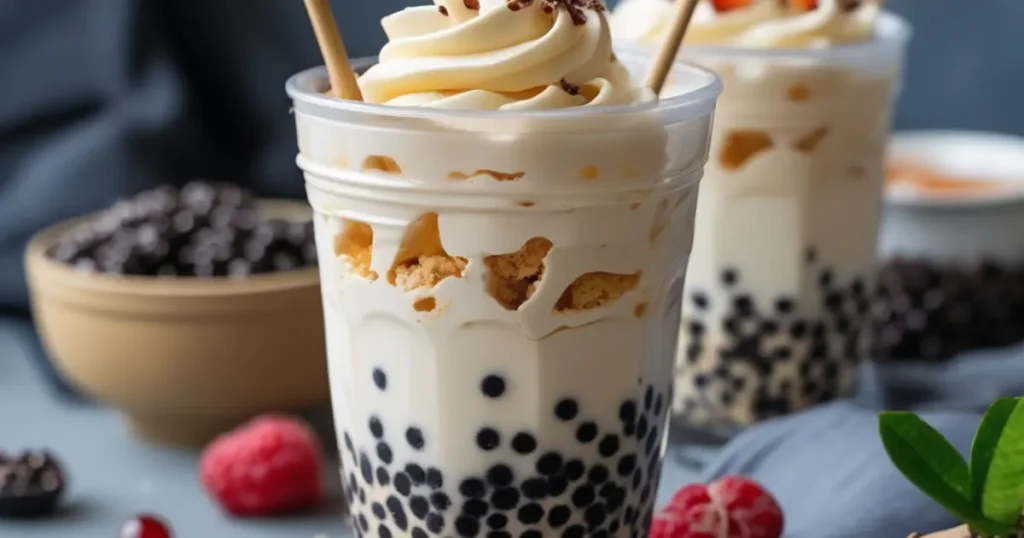 A close-up of a bubble tea-inspired dessert in a clear cup, layered with creamy vanilla mousse, boba pearls, crumbled cookies, and topped with whipped cream and chocolate sprinkles.