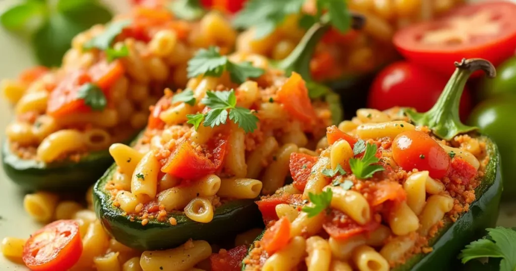 "Barilla Protein Pasta in a colorful Mexican-inspired poblano pepper dish with fresh garnishes and a beige background."