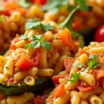 "Barilla Protein Pasta in a colorful Mexican-inspired poblano pepper dish with fresh garnishes and a beige background."