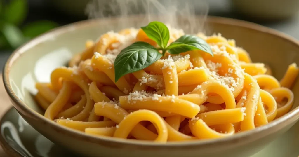 Close-up of Barilla Protein Pasta with a perfect al dente texture, garnished with Parmesan and basil.