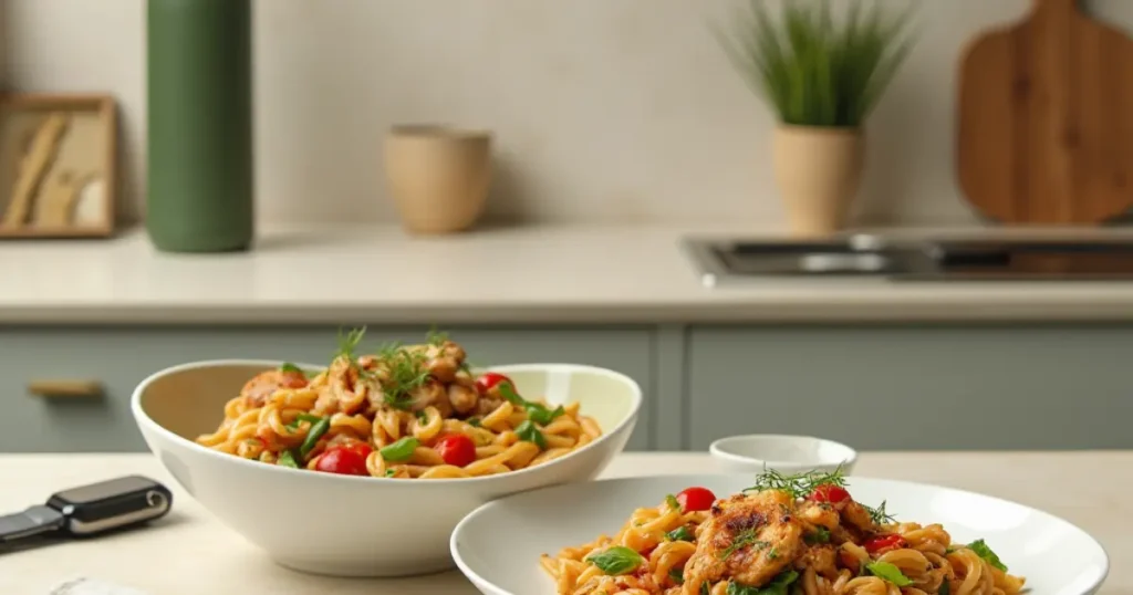 Barilla Protein Pasta in a sleek bowl with fresh vegetables and grilled chicken, set in a modern kitchen."