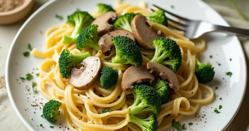 Barilla Protein Pasta with creamy Alfredo sauce, broccoli, and sautéed mushrooms on a white plate