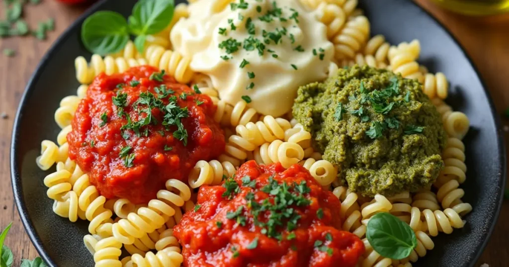 Plate of corkscrew pasta served with marinara, Alfredo, and pesto sauces, garnished with fresh herbs and surrounded by ingredients