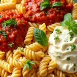 "Steaming bowl of corkscrew pasta with vibrant tomato sauce, garnished with fresh basil and Parmesan cheese