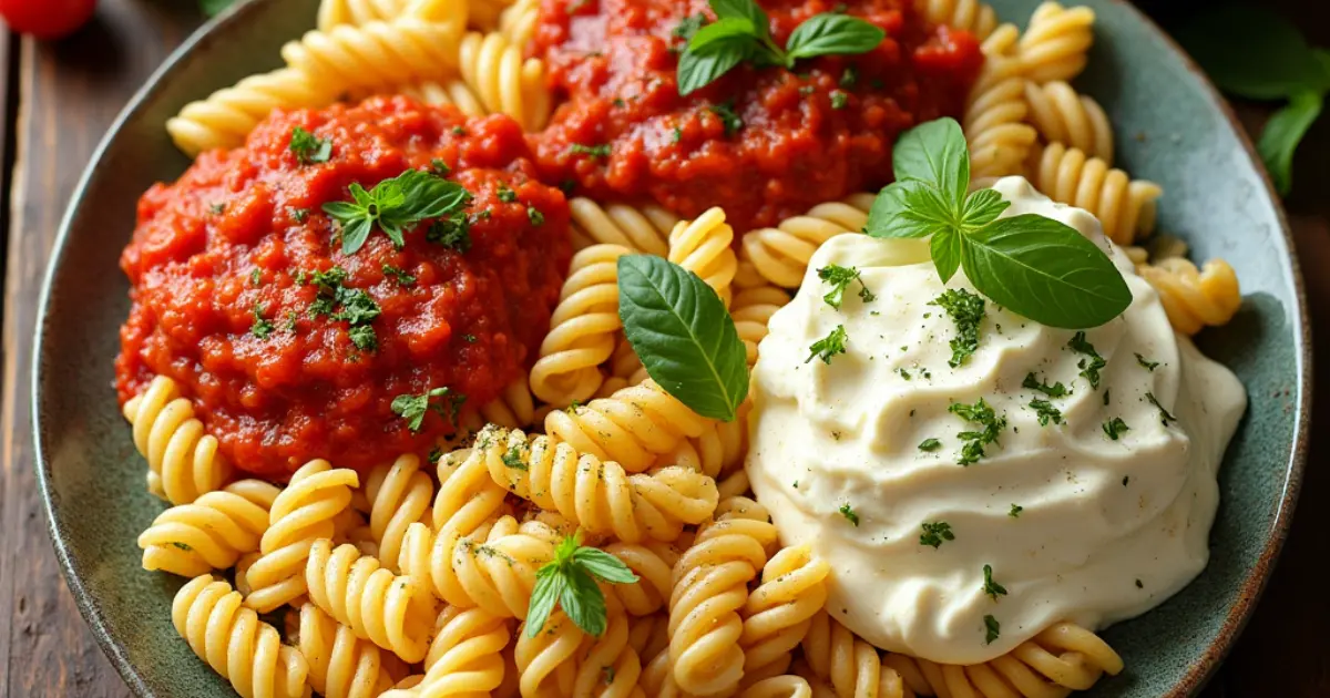 "Steaming bowl of corkscrew pasta with vibrant tomato sauce, garnished with fresh basil and Parmesan cheese