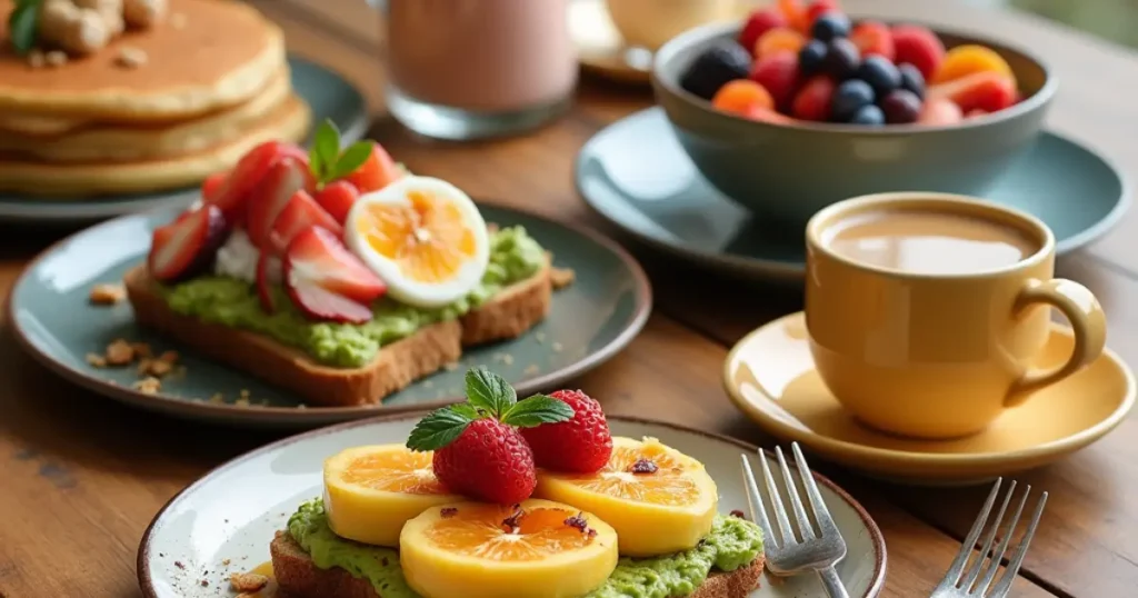 A variety of gluten-free breakfast options including avocado toast, smoothie bowls, pancakes with berries, and a cup of coffee on a wooden table.