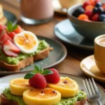 A variety of gluten-free breakfast options including avocado toast, smoothie bowls, pancakes with berries, and a cup of coffee on a wooden table.