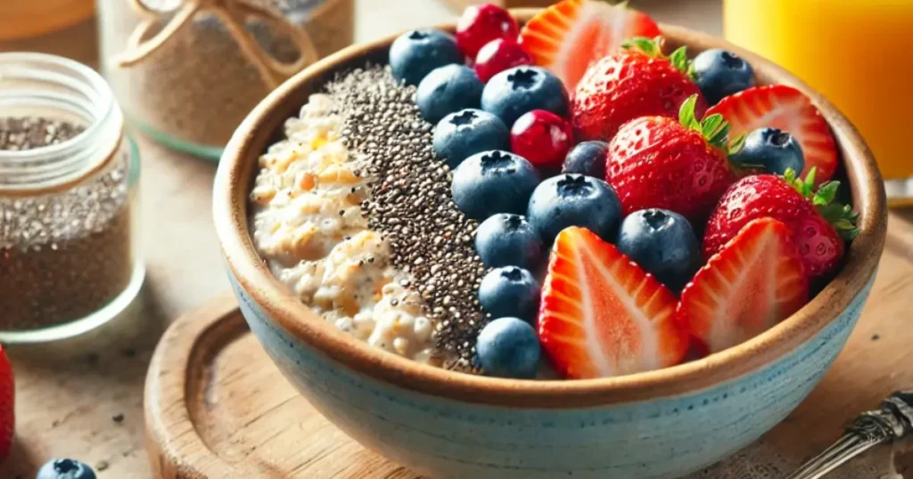  A bowl of gluten-free overnight oats topped with chia seeds, fresh berries, and honey, served on a rustic wooden table with morning light.