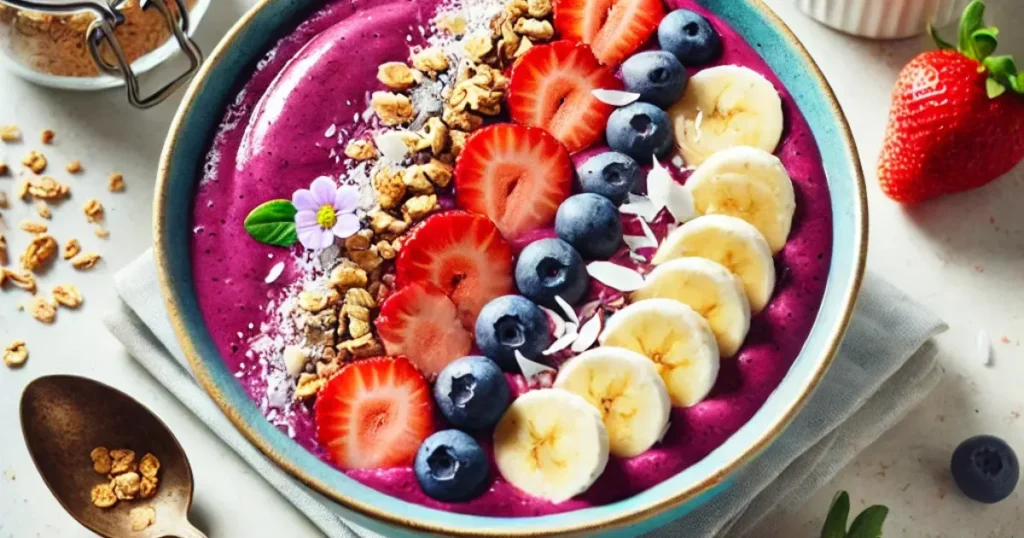  A vibrant smoothie bowl with a bright purple base, topped with gluten-free granola, fresh bananas, strawberries, blueberries, and coconut flakes on a white table.