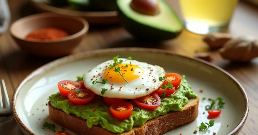 Gluten-free avocado toast topped with a poached egg, cherry tomatoes, microgreens, and chili flakes, served on a rustic plate with a wooden table background.