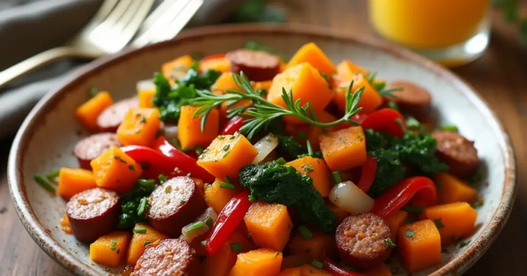  A hearty sweet potato hash with golden sweet potatoes, colorful vegetables, sausage slices, and fresh herbs served on a rustic plate.