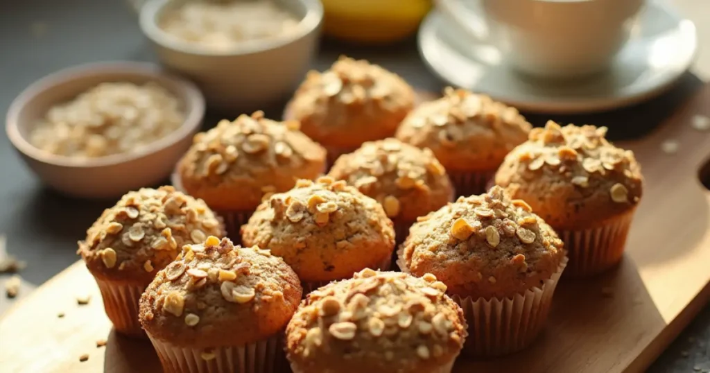 A batch of golden-brown banana oatmeal muffins made with gluten-free oats, displayed on a wooden board with ripe bananas and a cup of coffee nearby.