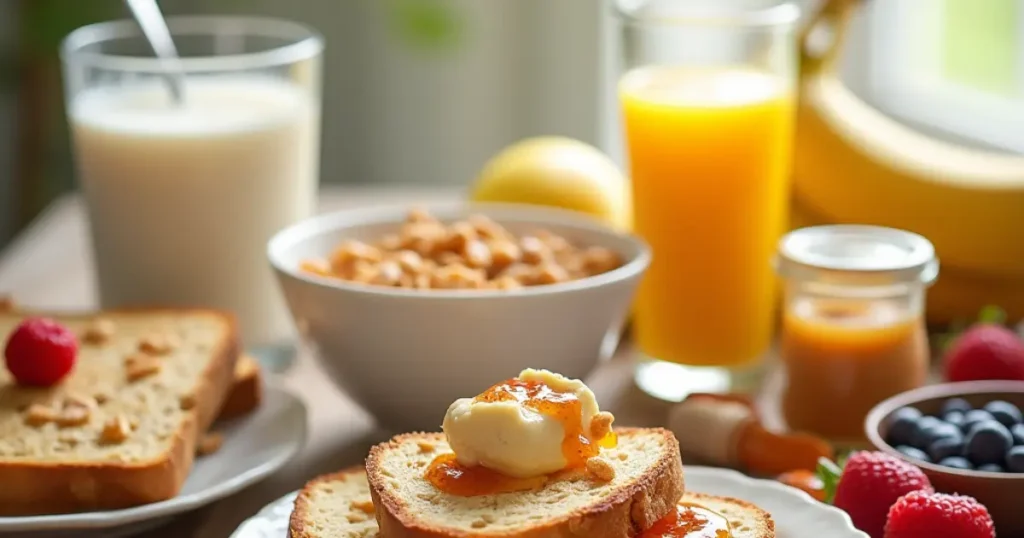 A breakfast spread showcasing gluten-free cereals with milk, toasted gluten-free bread with jam, fresh fruits, and a glass of orange juice.