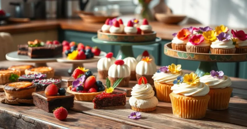 A colorful assortment of gluten-free desserts displayed on a wooden table, including cupcakes, fruit tarts, chocolate brownies, and cheesecakes, decorated with fresh fruits and edible flowers.