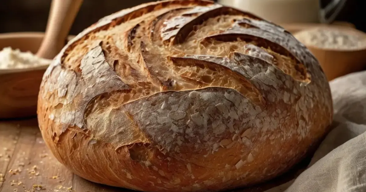 "A freshly baked sourdough bread loaf with a golden crust and airy interior, placed on a rustic wooden board surrounded by a linen cloth, flour-dusted tools, and a jar of sourdough starter."