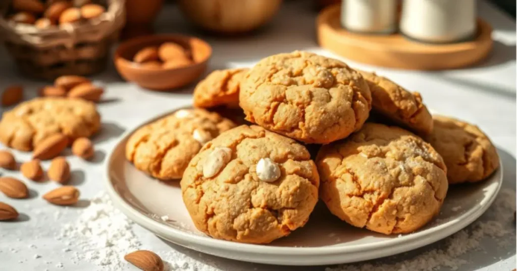 A plate of freshly baked gluten-free cookies with almonds, placed on a white table surrounded by scattered almonds and baking ingredients.