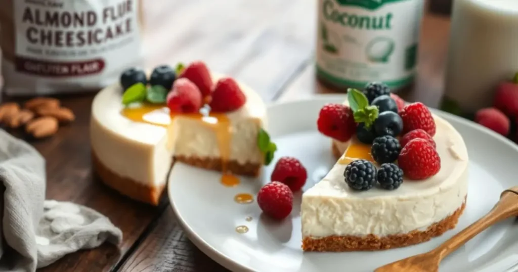 A gluten-free cheesecake topped with fresh berries and a drizzle of caramel, served on a white plate with a slice removed, surrounded by baking ingredients.