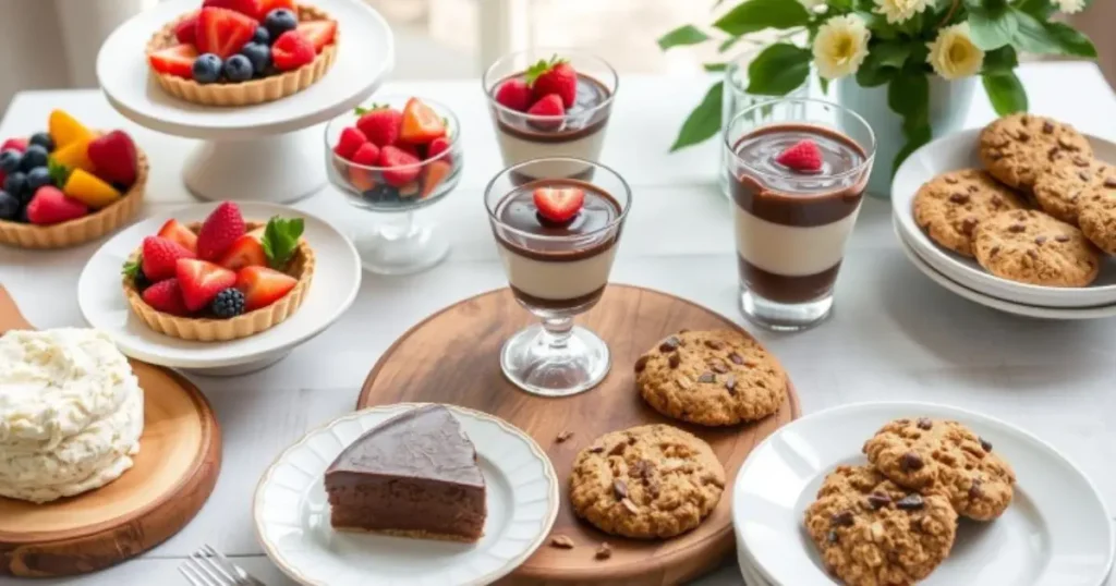 A table filled with gluten-free desserts, including fresh fruit tarts, chocolate chip cookies, chocolate panna cotta glasses, a chocolate cake, and whipped cream. A floral decoration is visible in the background.