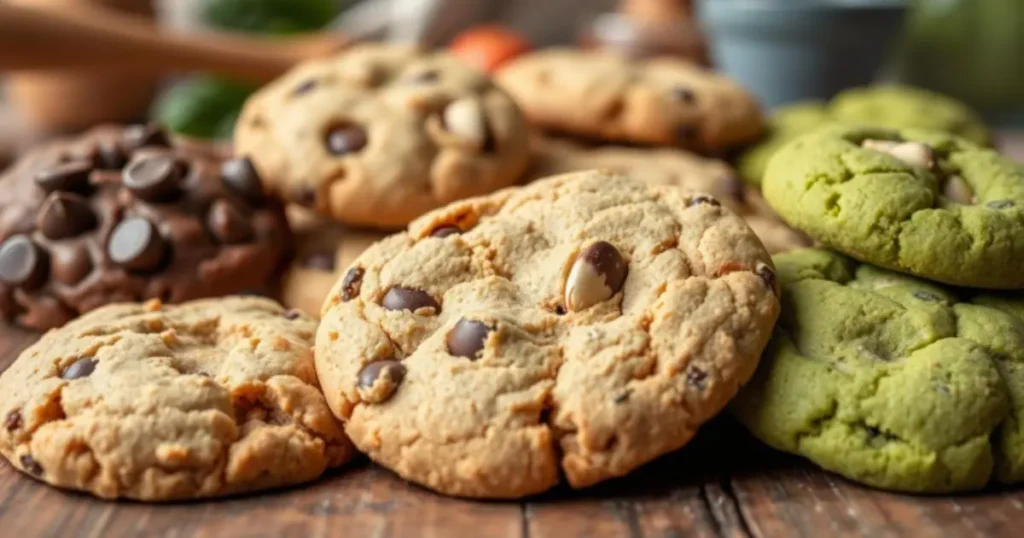 An assortment of gluten-free cookies, including classic chocolate chip cookies, matcha cookies, and dark chocolate cookies, placed on a rustic wooden table.