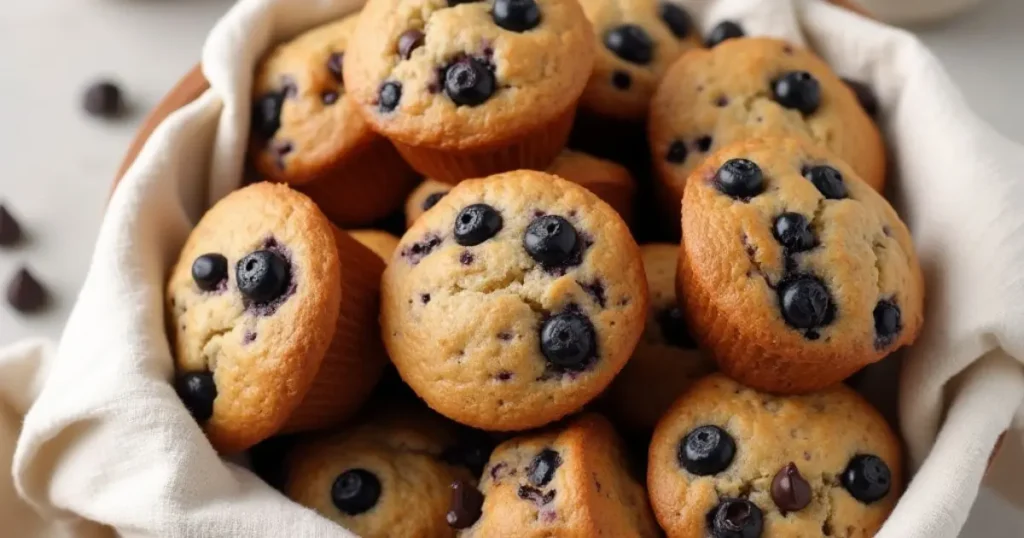 Basket of gluten-free muffins with blueberries and chocolate, accompanied by a cup of coffee