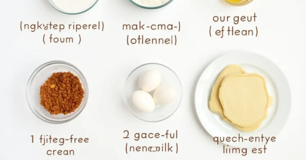 Ingredients for gluten-free pancakes displayed in labeled bowls