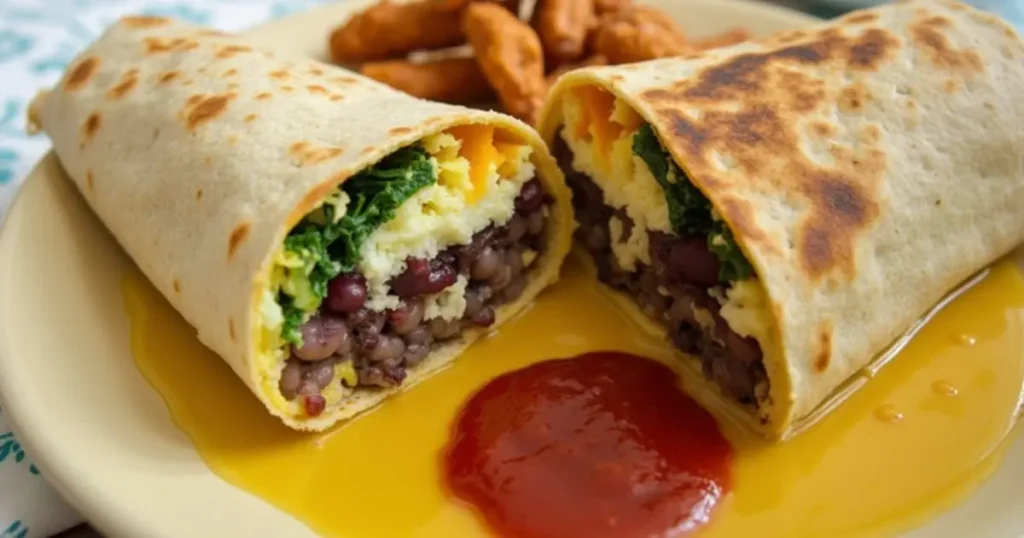 Gluten-free burrito filled with scrambled eggs, vegetables, black beans, and cheese, served with salsa."