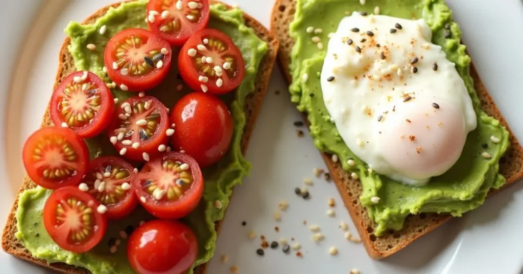 Gluten-free bread slices topped with avocado, cherry tomatoes, sesame seeds, and a poached egg