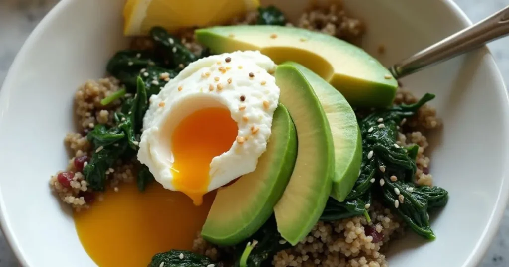 Gluten-free quinoa bowl with spinach, poached egg, avocado, and sesame seeds."