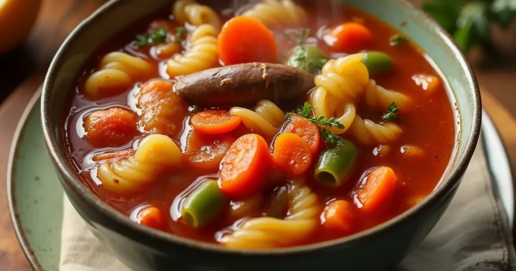 Steaming bowl of minestrone soup with ditalini pasta and colorful vegetables on a wooden table."