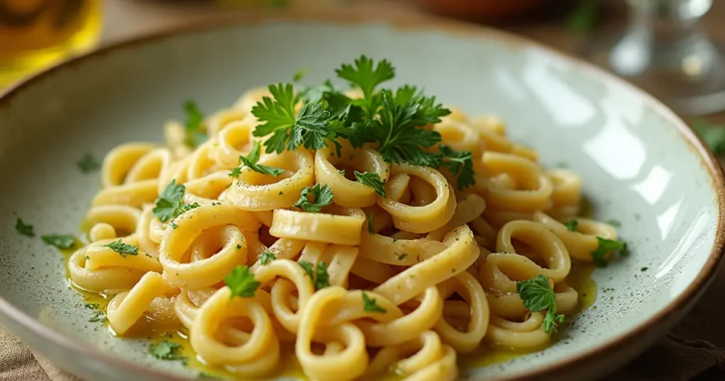 "Gourmet ditalini pasta with truffle oil, parsley, and Parmesan cheese elegantly plated on a beige tablecloth