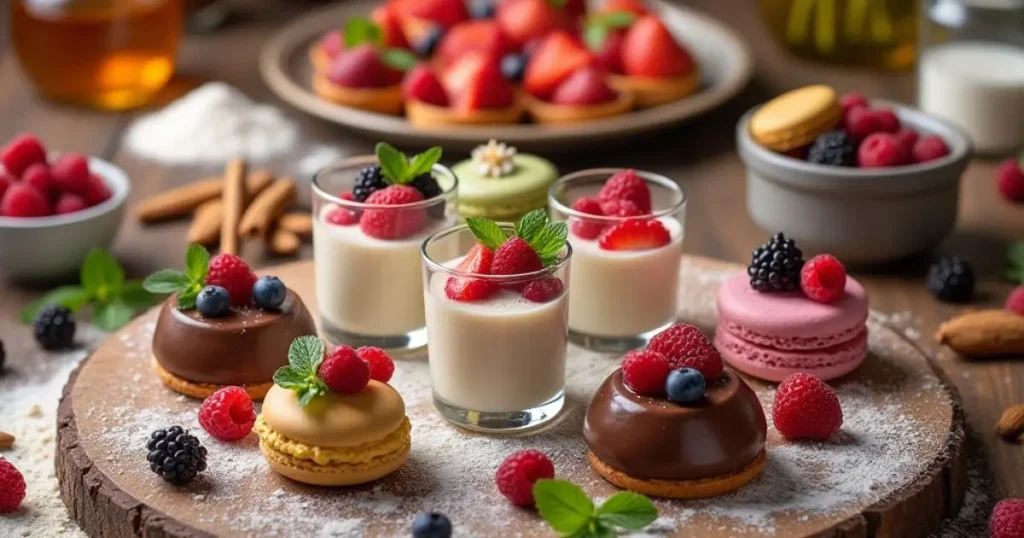 An assortment of elegant gluten-free desserts displayed on a wooden serving board, including creamy panna cotta in glass cups topped with fresh raspberries, strawberries, and mint, colorful macarons, and rich chocolate domes decorated with berries. The background features more desserts, fresh fruits, cinnamon sticks, and a rustic ambiance