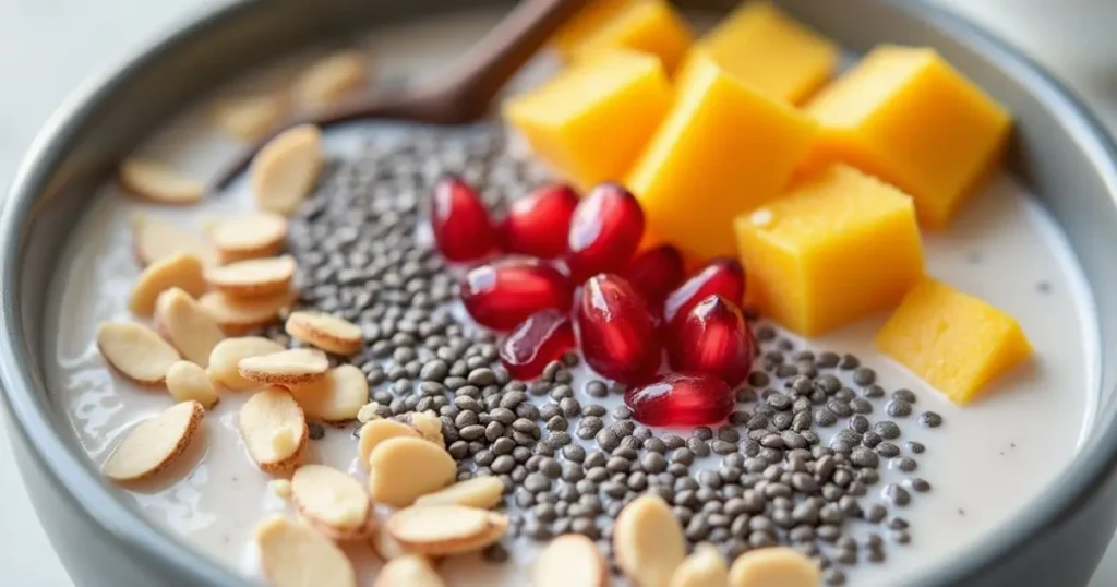 Bowl of gluten-free chia pudding topped with mango and pomegranate seeds