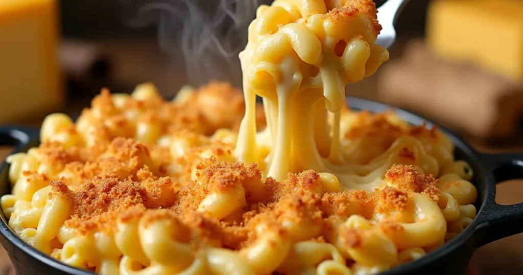 A close-up of smoked mac and cheese with a golden breadcrumb topping, served in a rustic dish with hints of smoky steam rising.