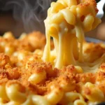 A close-up of smoked mac and cheese with a golden breadcrumb topping, served in a rustic dish with hints of smoky steam rising.