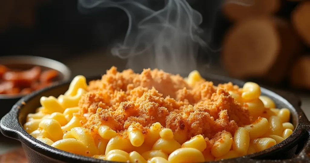 "A rustic cast-iron skillet filled with golden, bubbling smoked mac and cheese, topped with crispy breadcrumbs, with wisps of smoky steam rising against a wooden background."