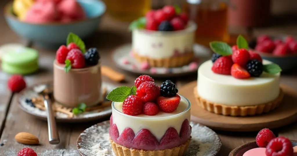 A selection of elegant gluten-free desserts, including mini cheesecakes and mousse cups topped with fresh berries and mint leaves, arranged on a rustic wooden table.