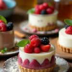 A selection of elegant gluten-free desserts, including mini cheesecakes and mousse cups topped with fresh berries and mint leaves, arranged on a rustic wooden table.