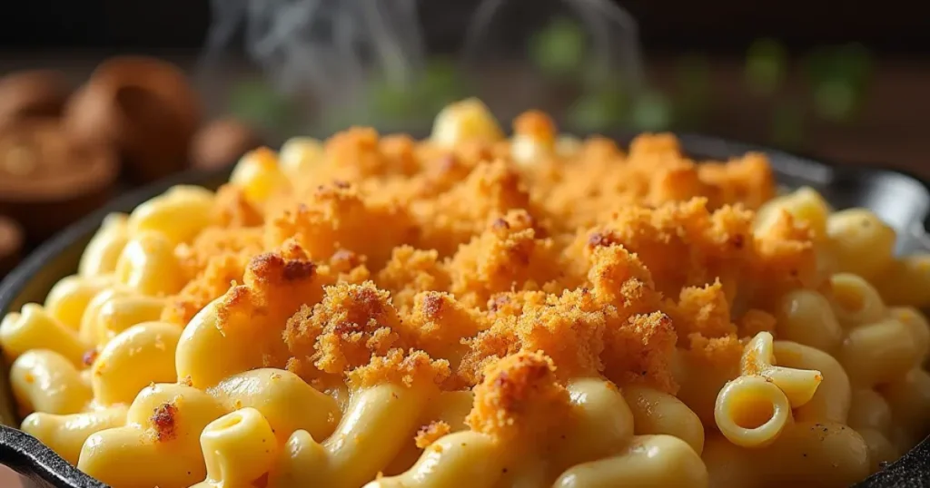 "Close-up of smoked mac and cheese served in a cast-iron skillet, with a golden breadcrumb topping and melted cheese, surrounded by rustic wooden elements."Caption: