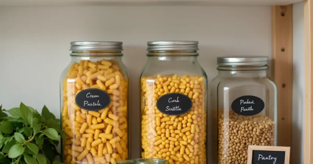 "Glass jars filled with corkscrew pasta on a kitchen shelf, with airtight lids and labeled for storage."