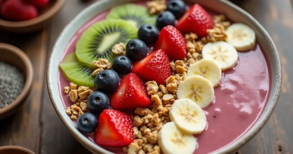 Colorful smoothie bowl with fresh fruits and gluten-free granola, placed on a rustic wooden table."