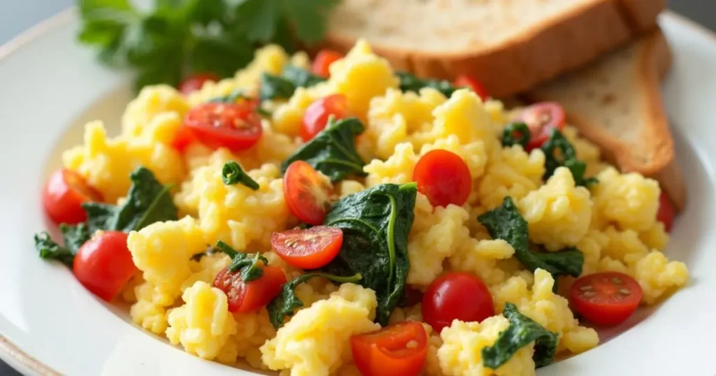 Plate of scrambled eggs with fresh vegetables and gluten-free toast