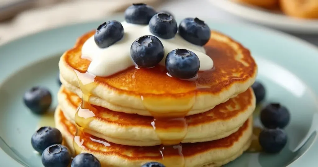 Stack of gluten-free pancakes with blueberries, maple syrup, and Greek yogurt.